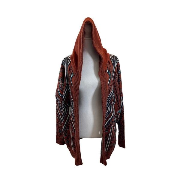 Ecote BrandTribal Print Rust Color Hooded Open Front Cardigan Sweater Size Small - Picture 2 of 11